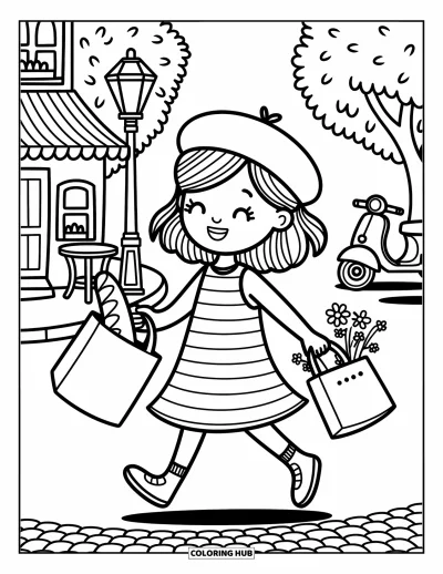 Coloriage de Paris pour adultes : Une jeune fille joyeuse passe en sautillant devant un café parisien, tenant des fleurs et une baguette bien chaude