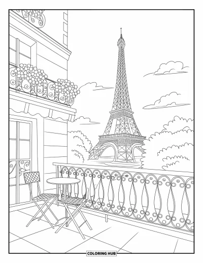 Coloriage de Paris pour adultes : Une vue paisible sur la tour Eiffel depuis un balcon fleuri baigné de douce lumière matinale