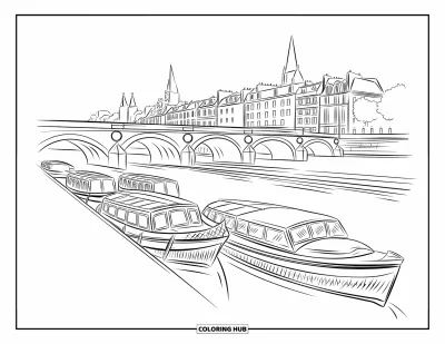 Coloriage de Paris pour adultes : Un paisible bord de Seine avec des ponts, des bateaux et la délicate architecture parisienne