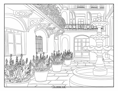 Coloriage de Paris pour adultes : Une cour parisienne tranquille avec une fontaine, des balcons et des rangées de lavande en pot