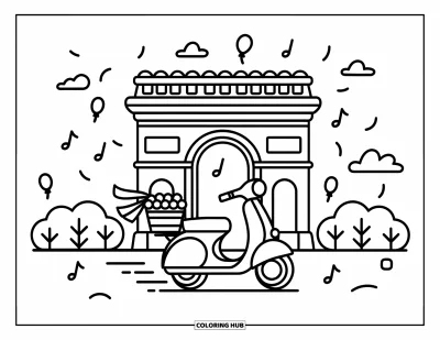 Coloriage de Paris pour adultes : Un scooter orné de rubans dépasse l'Arc de Triomphe avec des ballons et des arbustes verdoyants