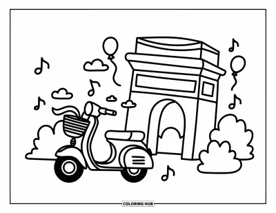 Coloriage de Paris pour adultes : Un scooter avec un nœud file devant l'Arc de Triomphe avec des ballons fantaisistes en décor