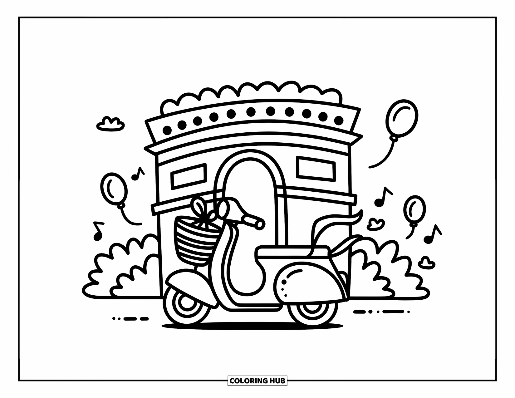 Paris Coloring Page for Adults: A scooter zips by the Arc de Triomphe, surrounded by music notes and balloons