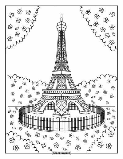 Coloriage de Paris pour adultes : Une tour Eiffel simplifiée trône dans un jardin avec des pavés, des pétales et une jolie grille
