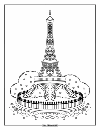 Coloriage de Paris pour adultes : Une tour Eiffel épurée se dresse entourée de fleurs, de pavés et d'une petite grille en fer forgé