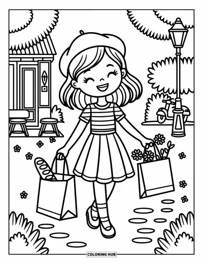 Coloriage de Paris pour adultes : Une jeune fille souriante avec des fleurs et une baguette se promène dans une rue bordée d'arbres avec un scooter à proximité