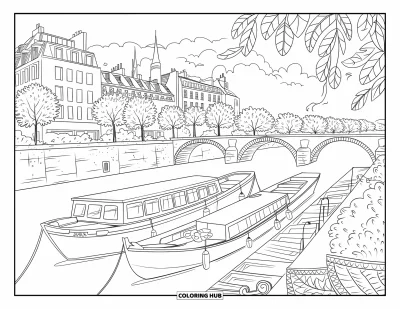 Coloriage de Paris pour adultes : Des bateaux se reposent le long de la Seine, sous des ponts en pierre et les flèches intemporelles de Paris