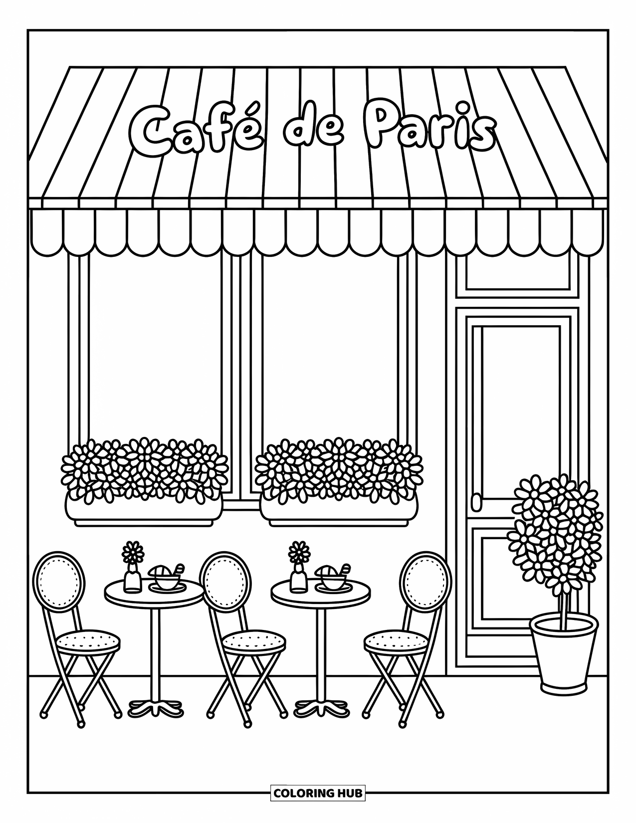 Paris Coloring Page for Adults: Croissants and tea rest on tiny tables under the CafÈ de Paris sign