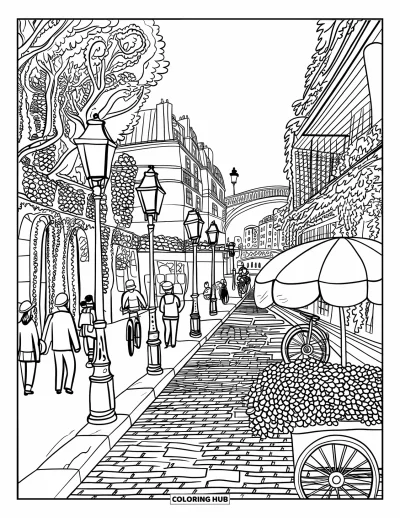 Coloriage de Paris pour adultes : Des cyclistes et des promeneurs profitent d'une rue pavée en fleurs avec de beaux immeubles anciens