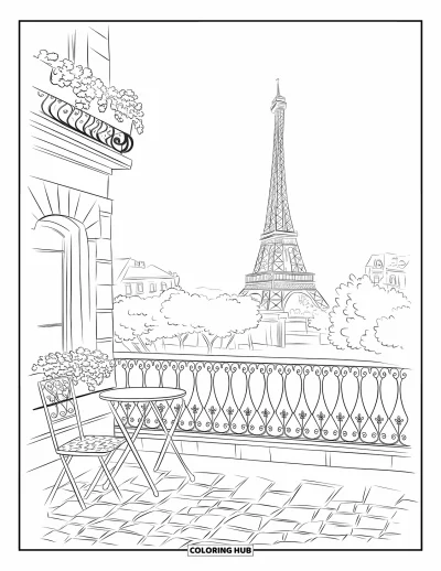 Coloriage de Paris pour adultes : La tour Eiffel brille dans la lumière du matin, vue depuis un balcon fleuri et tranquille