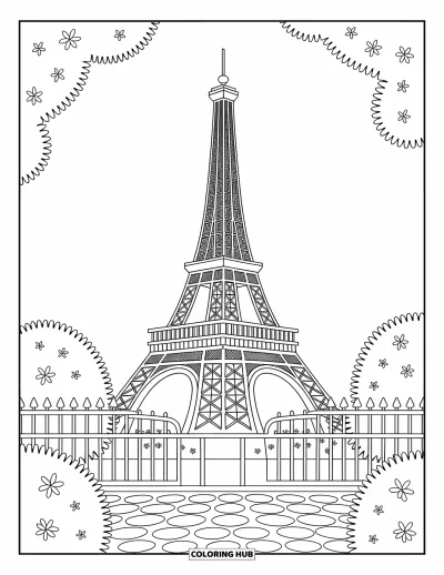 Coloriage de Paris pour adultes : La tour Eiffel s'élève parmi des fleurs, des pavés et une ronde clôture ludique