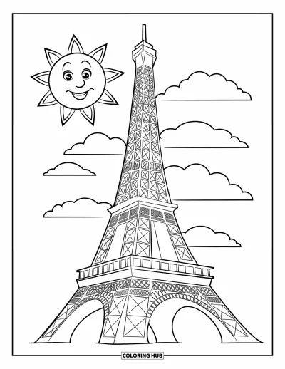 Coloriage de Paris pour enfants : Une grande tour Eiffel avec un soleil joyeux et des nuages remplit cette page pleine de gaieté
