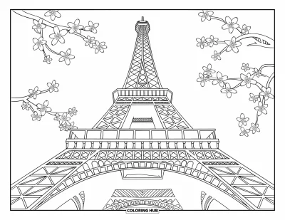 Coloriage de Paris pour enfants : Une vue saisissante de la tour Eiffel entourée de branches de cerisiers en fleurs