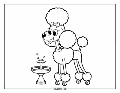 Coloriage de Paris pour enfants : Un caniche avec un nœud se tient près d'une petite fontaine avec quelques éclaboussures