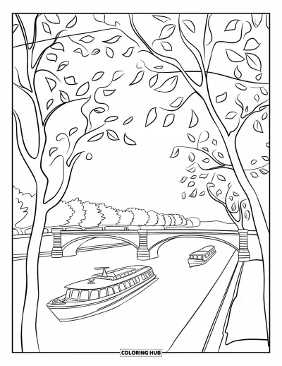 Coloriage de Paris pour enfants : Un bateau paisible flotte sur la Seine sous des arbres feuillus et des ponts