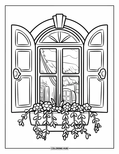 Coloriage de Paris pour enfants : Une jolie fenêtre avec des volets marqués et un pot de fleurs donne sur un cottage