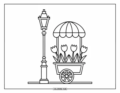 Coloriage de Paris pour enfants : Un joyeux chariot de fleurs rempli de tulipes se dresse à côté d'un simple réverbère parisien