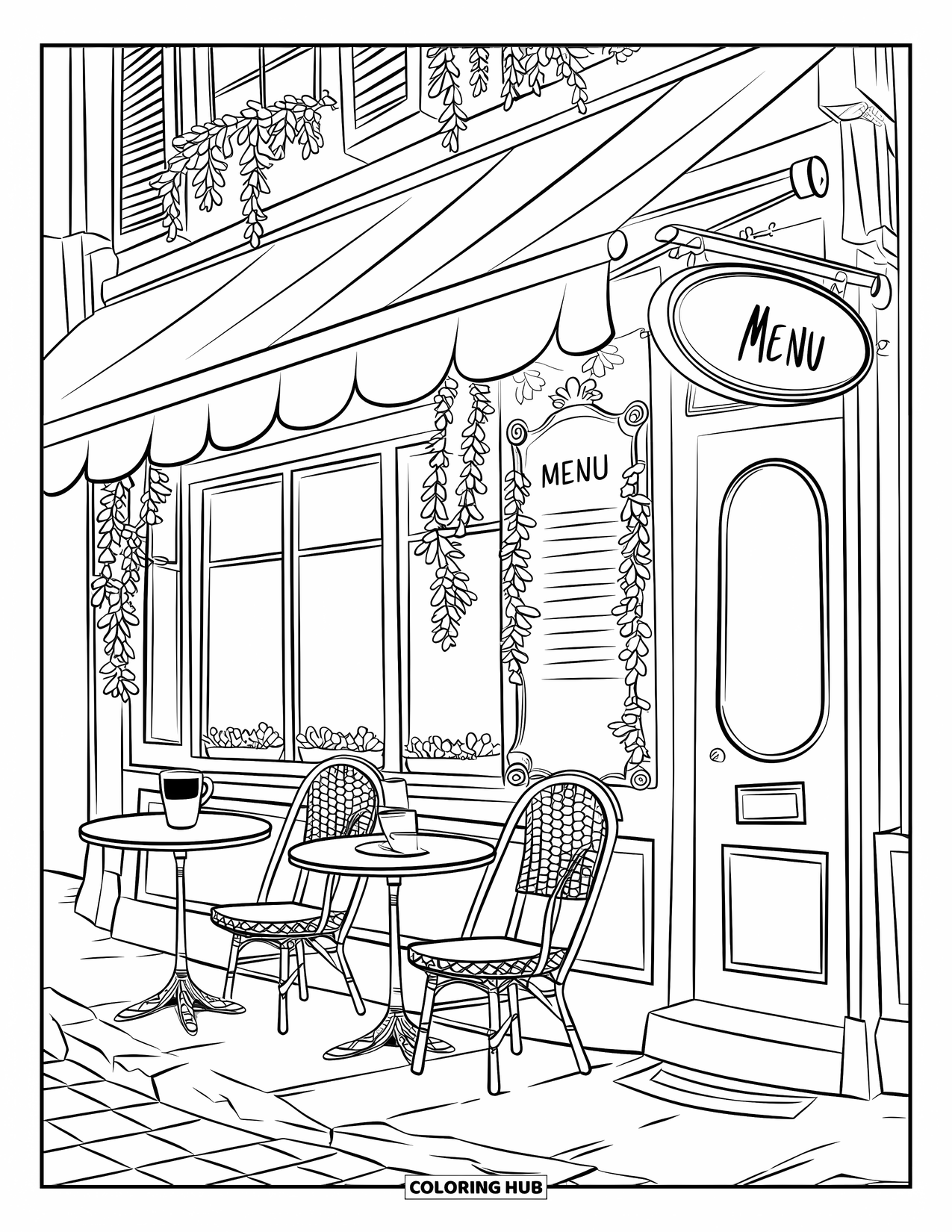 Paris Coloring Page for Kids: A cozy Paris café with two chairs, a coffee cup, and a cobblestone street