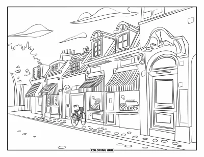 Coloriage de Paris pour enfants : Une rue parisienne animée avec de petites boutiques, des auvents et des arbres sous un ciel nuageux