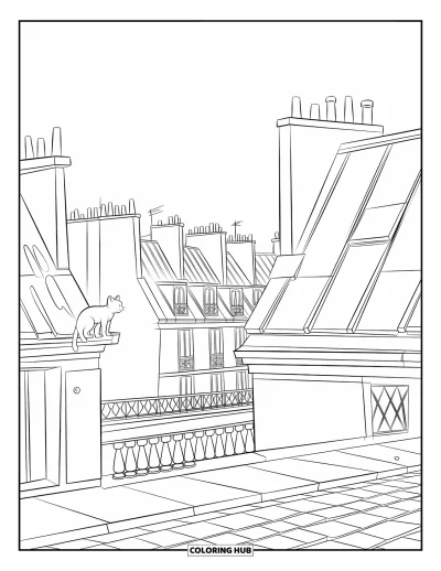 Coloriage de Paris pour enfants : Une vue charmante des toits de Paris avec des cheminées et un chat allongé