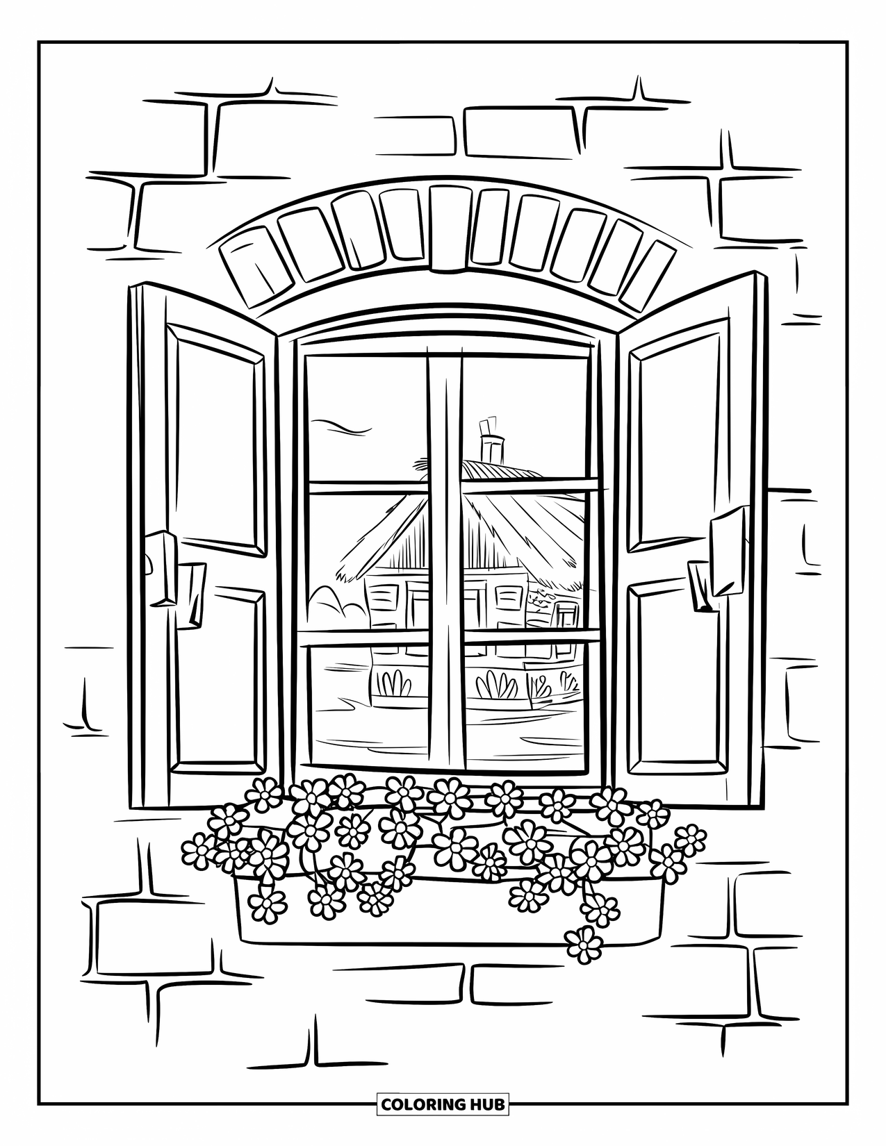 Paris Coloring Page for Kids: A cozy window with bricks and a flower pot looks out on a thatched-roof home