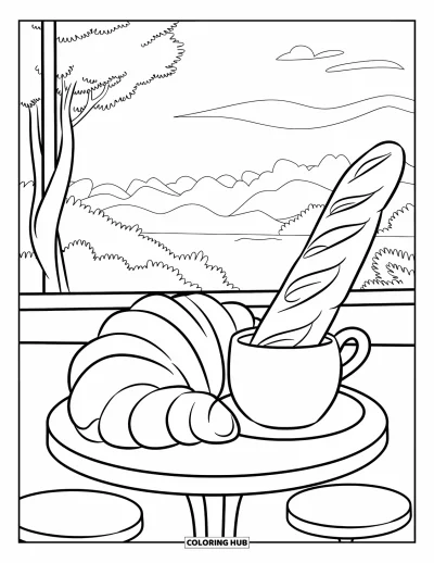 Coloriage de Paris pour enfants : Un croissant et une baguette reposent près d'une fenêtre avec vue sur des arbres et de l'eau