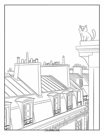 Coloriage de Paris pour enfants : Un chat curieux est assis sur un rebord de toit parmi les cheminées parisiennes
