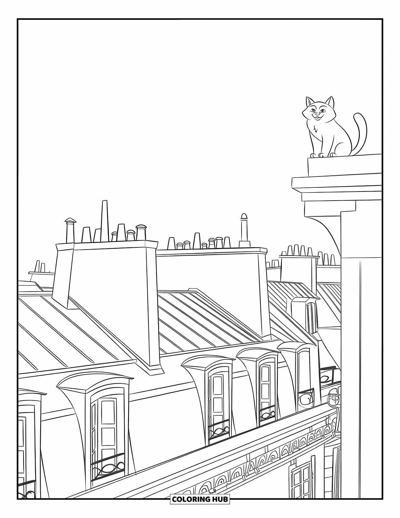 Paris Coloring Page for Kids: A curious cat sits on a rooftop ledge among Paris chimneys