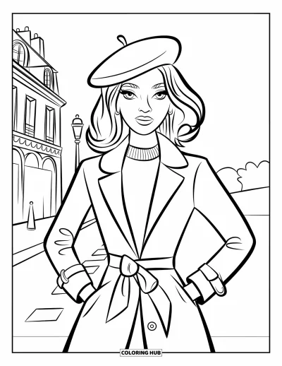 Coloriage de Paris pour enfants : Une fashionista en béret pose avec style dans une rue de Paris