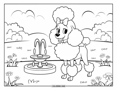 Coloriage de Paris pour enfants : Un caniche duveteux avec un nœud se tient près d'une petite fontaine dans un champ fleuri
