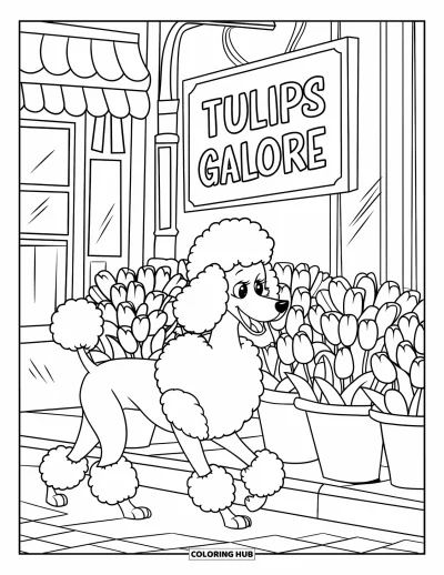 Coloriage de Paris pour enfants : Un caniche heureux passe devant un fleuriste nommé "Tulips Galore"