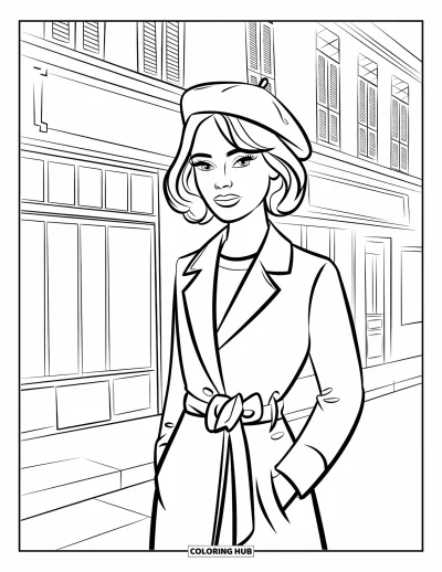 Coloriage de Paris pour enfants : Une fashionista parisienne se tient droite dans son manteau près de bâtiments détaillés
