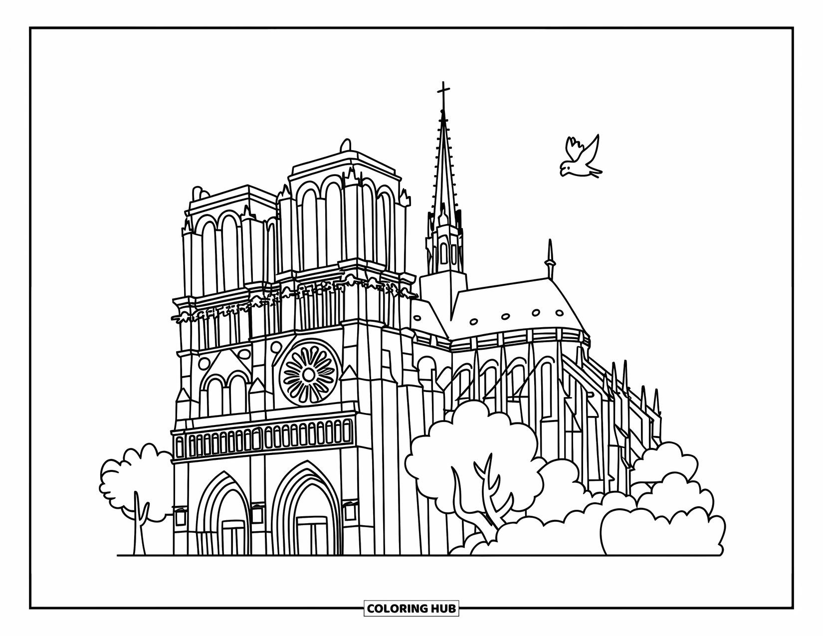 Paris Coloring Page for Kids: A peaceful bird flies past Notre-Dame, surrounded by gentle trees