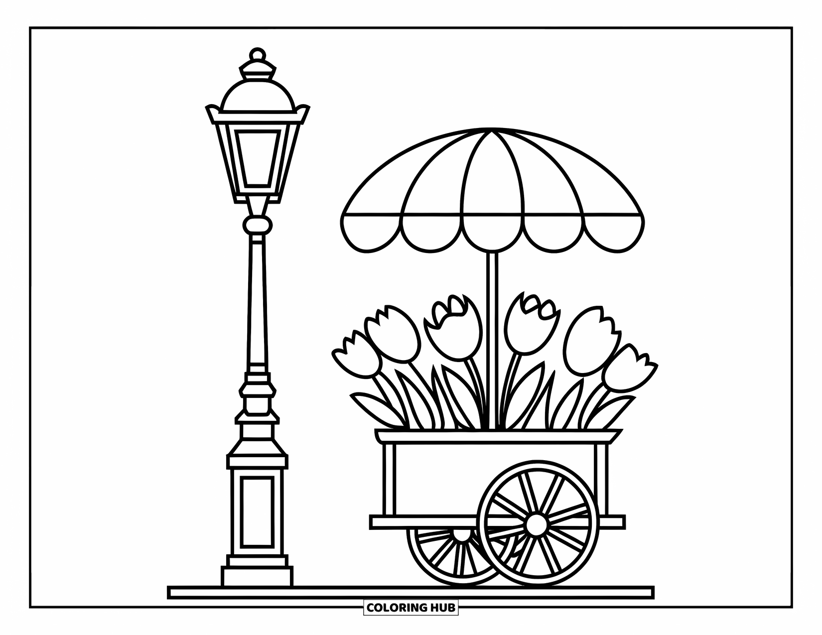Paris Coloring Page for Kids: A playful tulip cart and a street lamp offer a sweet Paris corner scene