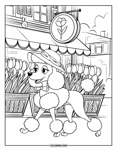 Coloriage de Paris pour enfants : Un caniche coiffé d'un chapeau passe devant un fleuriste rempli de tulipes