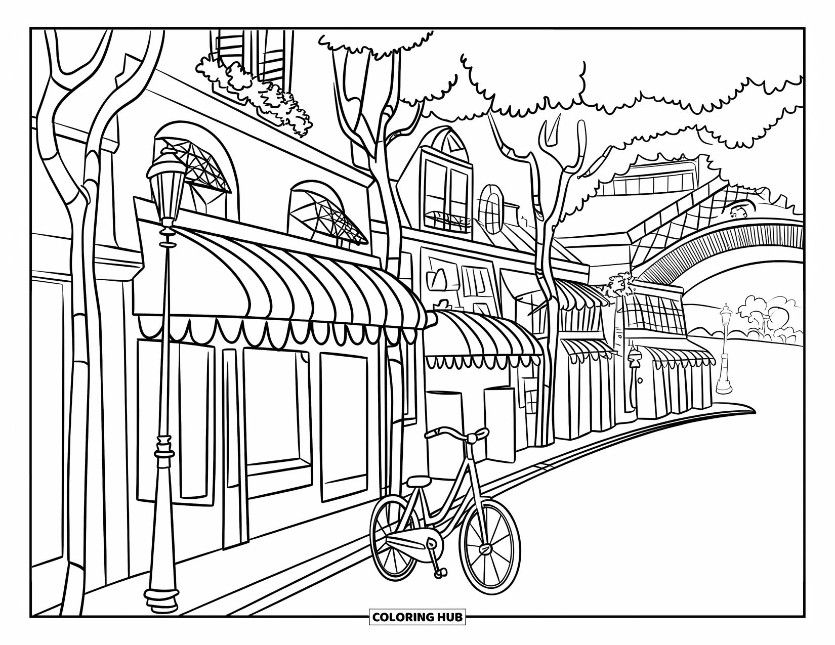 Paris Coloring Page for Kids: A quaint Paris street lined with striped awnings, tiny buildings, and a bike