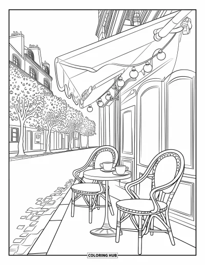 Coloriage de Paris pour enfants : Un café tranquille avec des guirlandes lumineuses et des pavés charmants dans une rue accueillante