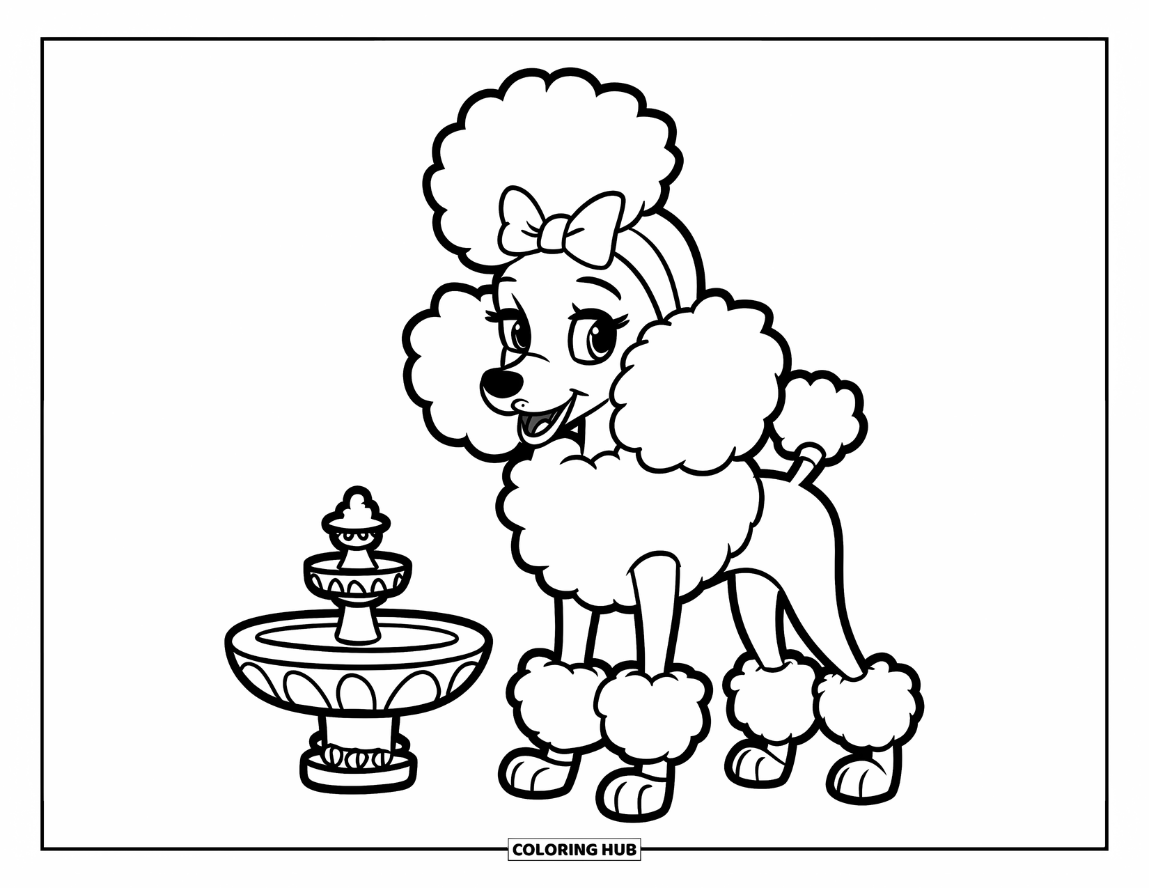 Paris Coloring Page for Kids: A sweet poodle with a bow stands by a tiny fountain on a white background