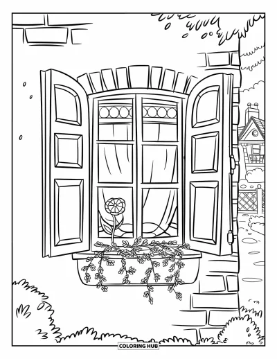 Coloriage de Paris pour enfants : Une jolie fenêtre avec des volets et des fleurs laisse apercevoir une petite maison et un chemin derrière