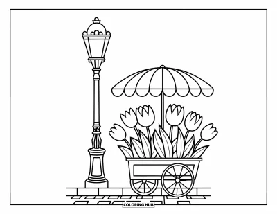 Coloriage de Paris pour enfants : Un chariot de tulipes et un réverbère composent un coin douillet sur une rue pavée