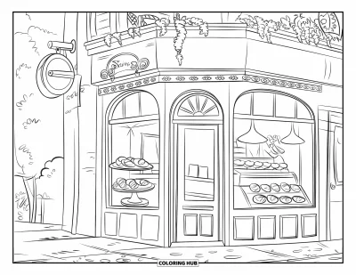 Coloriage de Paris pour enfants : Une boulangerie chaleureuse avec des pâtisseries, des détails charmants et des tables en terrasse