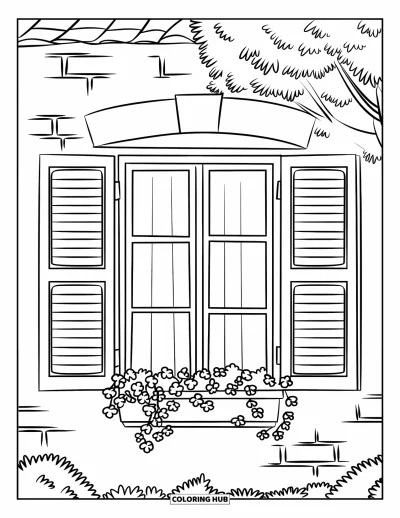 Coloriage de Paris pour enfants : Une fenêtre aux volets ouverts et un pot de fleurs donne sur des arbres et un immeuble