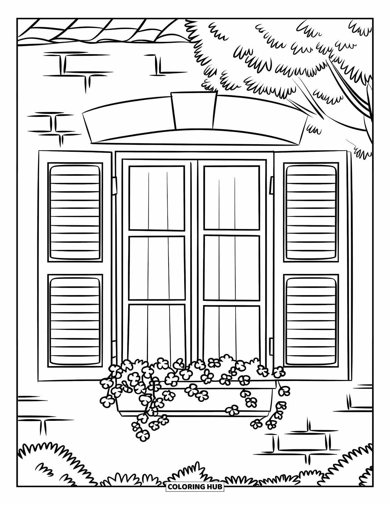 Paris Coloring Page for Kids: A window with open shutters and a flower pot overlooks trees and a building