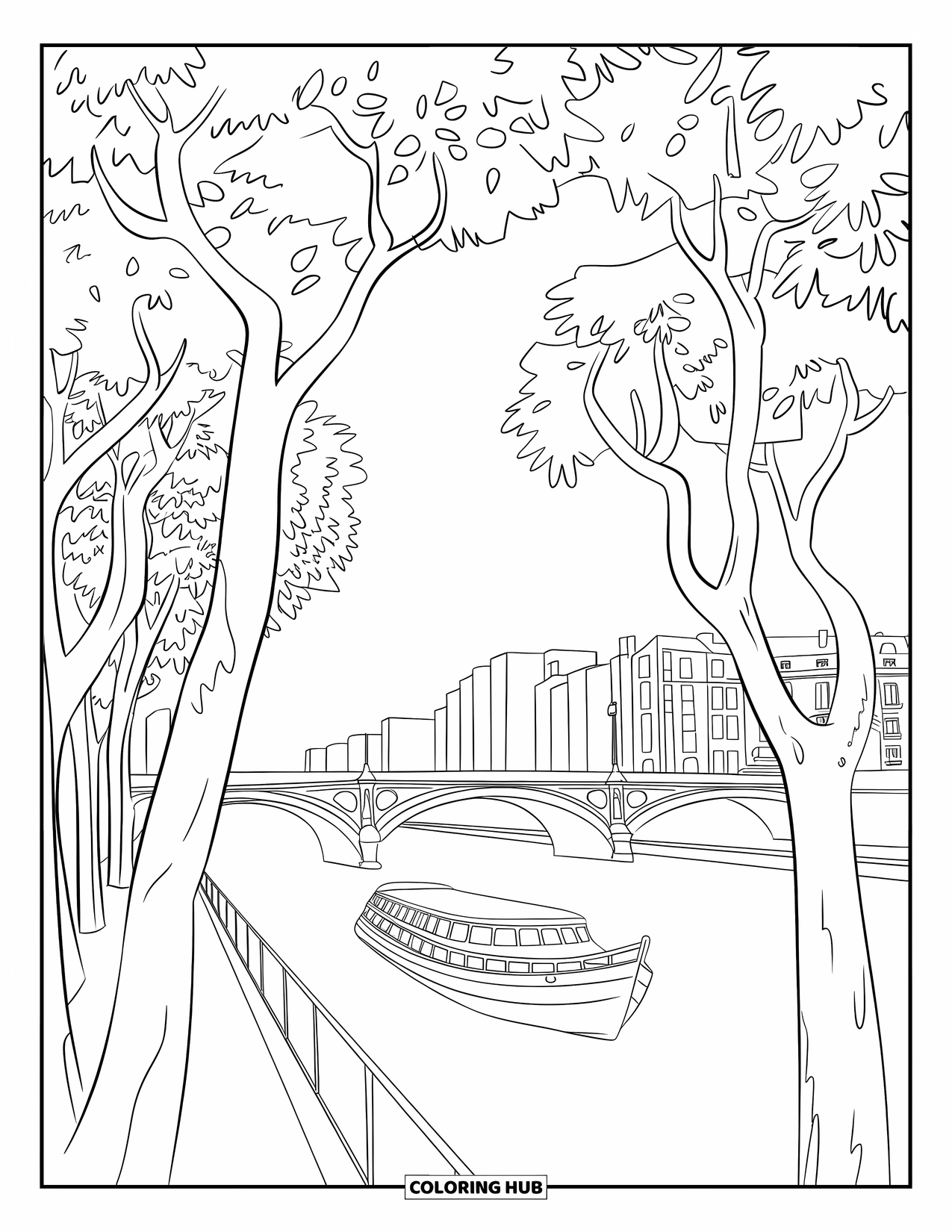 Paris Coloring Page for Kids: Bridges stretch across the Seine River, with boats and leafy trees lining the bank