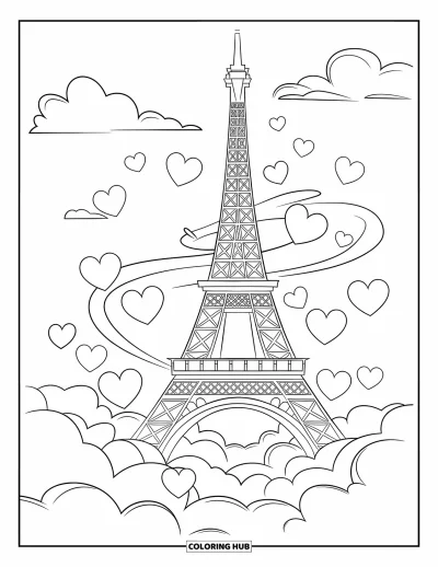 Coloriage de Paris pour enfants : Des cœurs flottants et des nuages légers dansent autour de la tour Eiffel