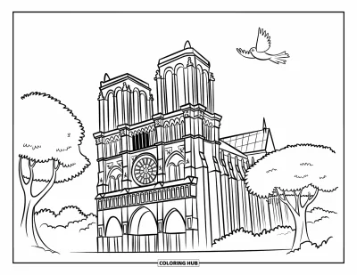 Coloriage de Paris pour enfants : Des gargouilles et des arbres encadrent Notre-Dame pendant qu'un oiseau plane dans les airs