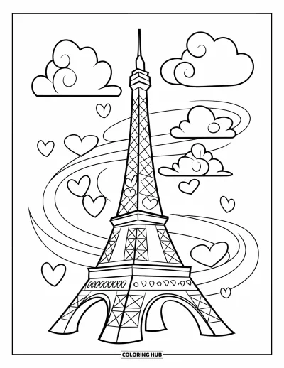 Coloriage de Paris pour enfants : Des cœurs et des nuages tourbillonnent doucement autour de la tour Eiffel