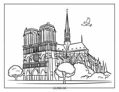 Coloriage de Paris pour enfants : Notre-Dame se dresse fièrement tandis qu'un oiseau vole devant des arbres feuillus