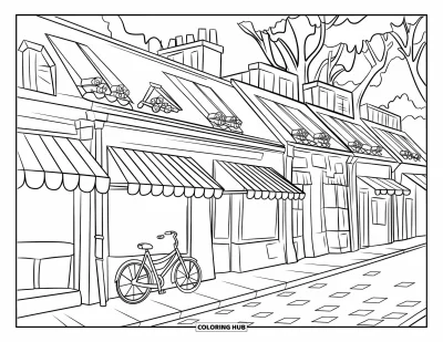Coloriage de Paris pour enfants : De petites boutiques parisiennes avec des auvents rayés et un vélo garé le long de la rue pavée