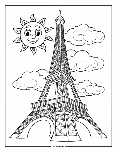 Coloriage de Paris pour enfants : La tour Eiffel s'élève sous un soleil souriant et des nuages ronds et doux